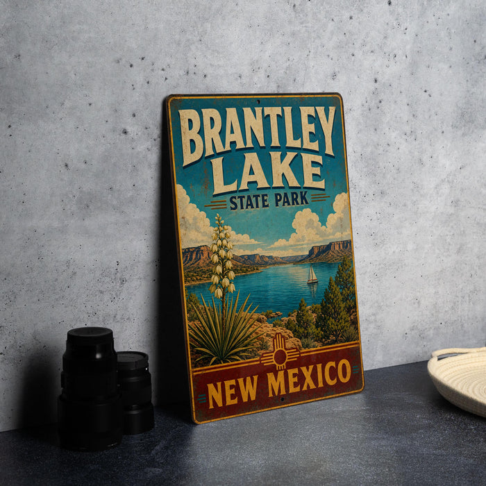 A vintage-style metal sign for Brantley Lake State Park in New Mexico, featuring a scenic landscape with a lake, mountains, and a palm tree.