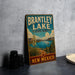 A vintage-style metal sign for Brantley Lake State Park in New Mexico, featuring a scenic landscape with a lake, mountains, and a palm tree.