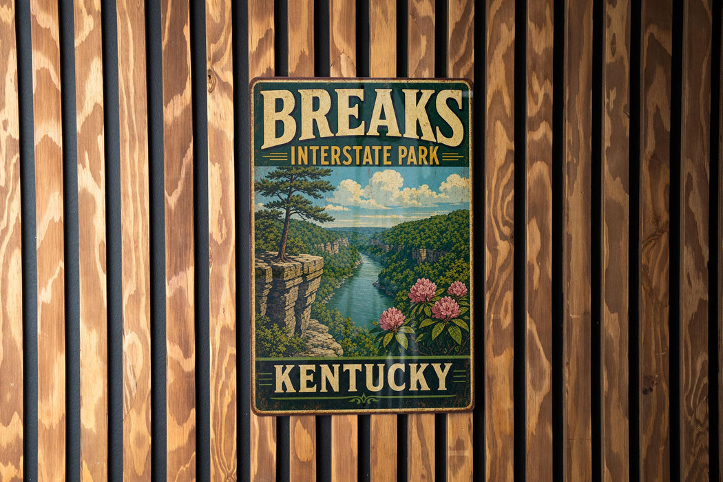 A vintage-style metal sign for Kentucky Interstate Park, featuring a scenic landscape with a river, mountains, and pink flowers.