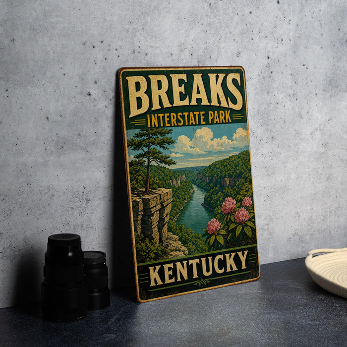 A vintage-style sign for Kentucky's interstate park, featuring a scenic landscape with a river, mountains, and flowers.