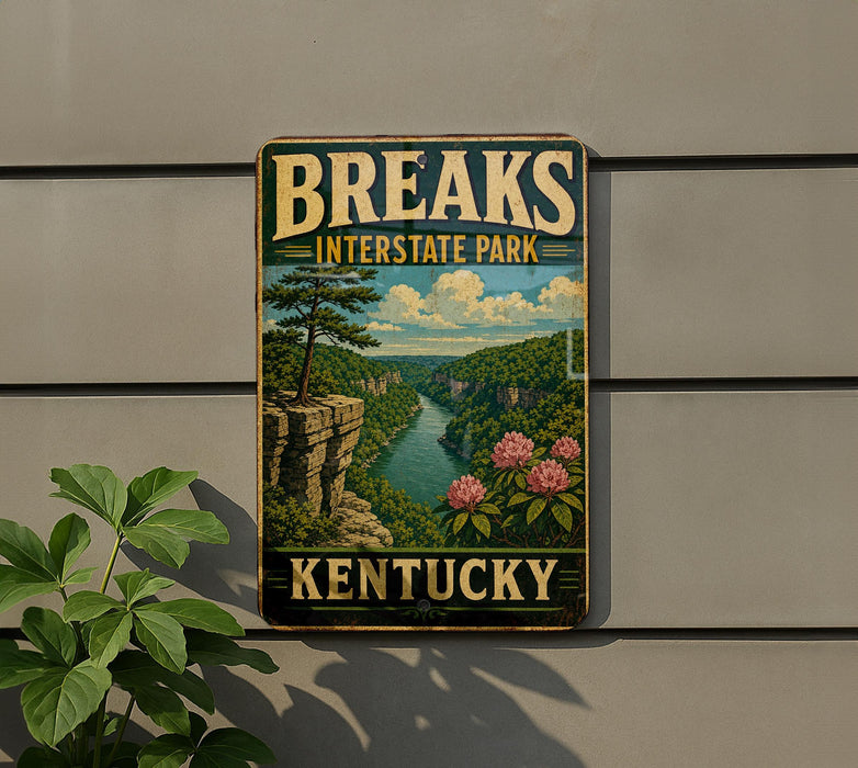 A vintage-style sign for Breaks Interstate Park in Kentucky, featuring a scenic landscape with a river, mountains, and pink flowers.