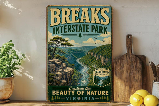 A vintage-style poster advertising Breaks Interstate Park, featuring a scenic mountain landscape with a winding river and lush greenery.