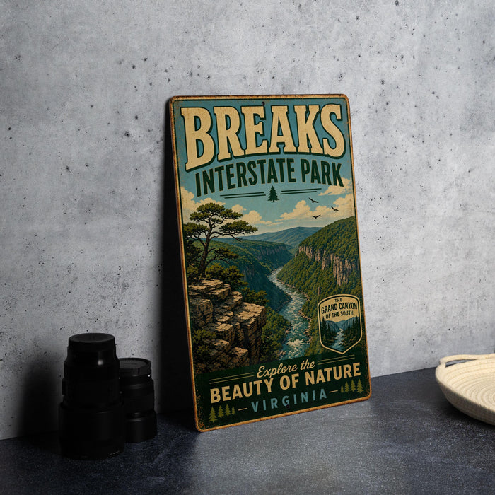 A vintage-style metal sign for "BREAKS INTERSTATE PARK" is displayed on a gray wall, featuring a scenic mountain landscape and the text "GRAND CANYON OF THE SOUTH VIRGINIA EXPLORE THE BEAUTY OF NATURE".
