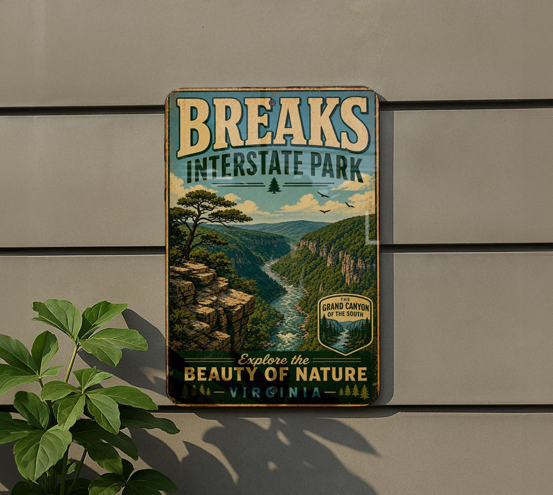 A vintage-style metal sign for Breaks Interstate Park in Virginia, featuring a scenic mountain landscape with a river and lush vegetation.
