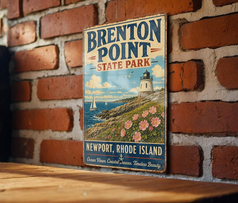 A vintage-style sign for "Brenton Point State Park" hanging on a brick wall, featuring a lighthouse and a coastal landscape with flowers.