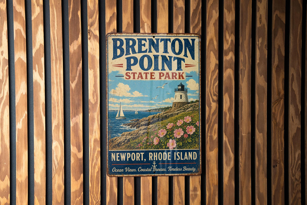 A vintage metal sign for "Brenton Point State Park" hanging on a wooden wall.