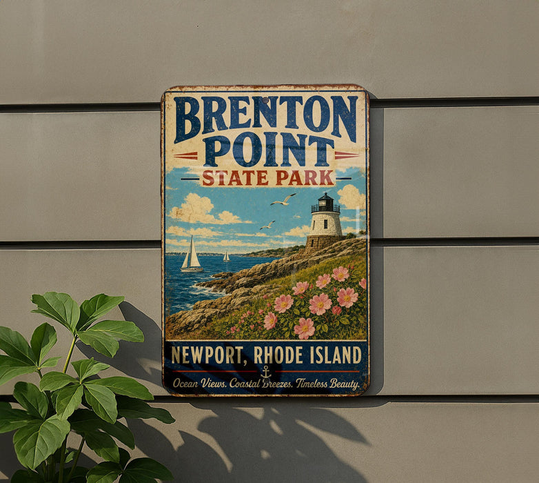 A vintage metal sign for "Brenton Point State Park" in Newport, Rhode Island, featuring a lighthouse and a coastal landscape with flowers.