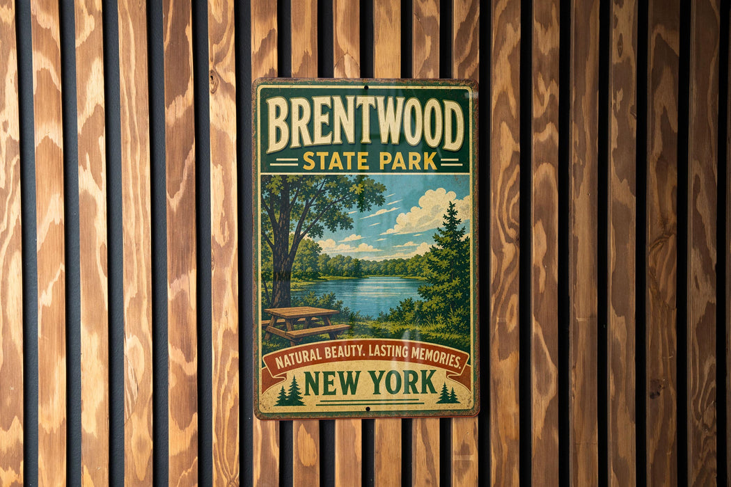 A vintage metal sign for Brentwood State Park, featuring a scenic landscape with a lake, trees, and a picnic table, mounted on a wooden wall.