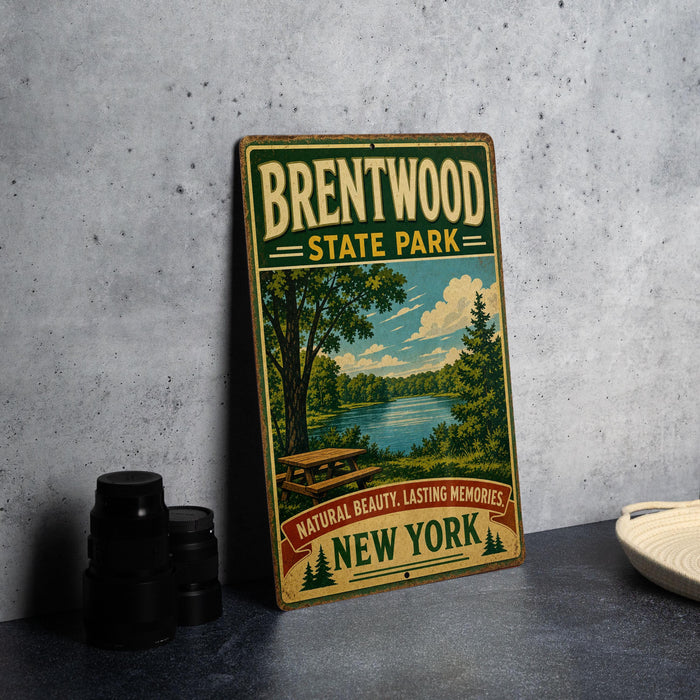 A vintage-style metal sign for Brentwood State Park, featuring a scenic landscape with a lake and trees, is displayed on a gray countertop next to some black camera lenses.