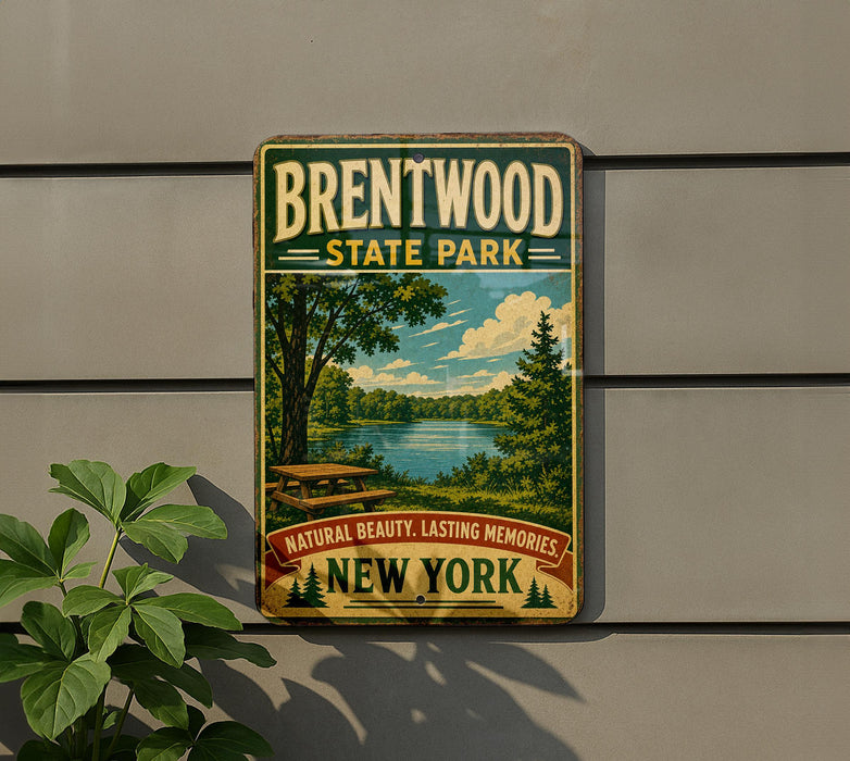 A vintage-style sign for Brentwood State Park, featuring a scenic landscape with a lake, trees, and a picnic table.