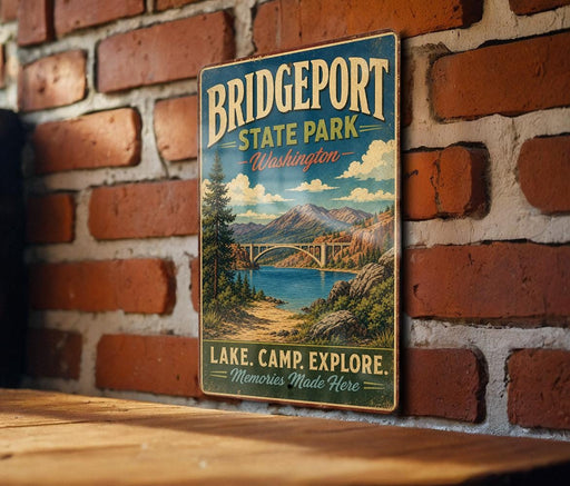 A vintage metal sign for Bridgeport State Park in Washington, featuring a scenic landscape with a lake, bridge, and mountains.