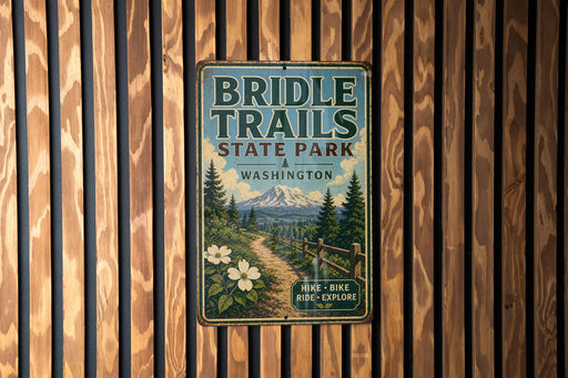 A vintage metal sign for Bridle Trails State Park in Washington, featuring a scenic mountain landscape and a trail leading through the woods.
