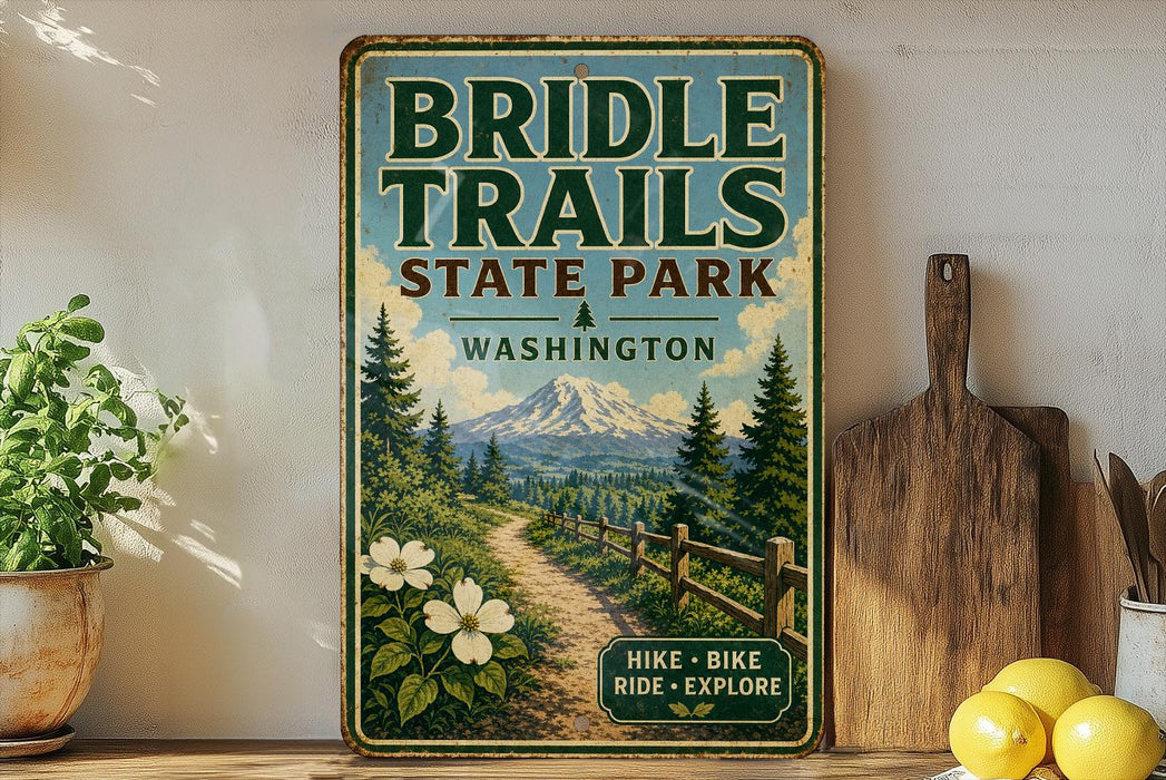 A vintage-style metal sign for Briddle Trails State Park in Washington, featuring a scenic mountain landscape with a trail and flowers.