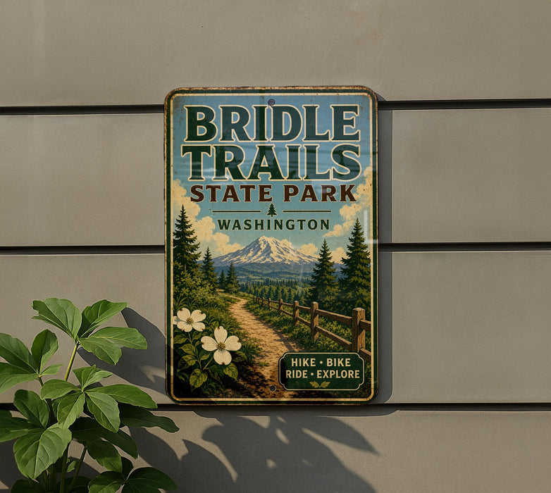 A vintage metal sign for Bridle Trails State Park in Washington, featuring a scenic mountain landscape with a trail and flowers.