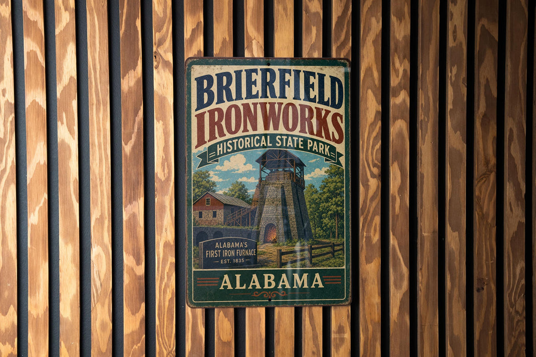 A vintage metal sign for Brierfield Ironworks Historical State Park in Alabama, featuring an illustration of a steam tower and a wooden fence.