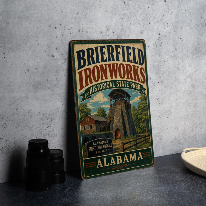 A vintage-style metal sign for "Brierfield Ironworks" is displayed on a table, featuring an illustration of a historic ironworks facility and the text "Brierfield Ironworks - Historical State Park - Alabama's First Iron Furnace - Est. 1866".