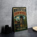 A vintage-style metal sign for "Brierfield Ironworks" is displayed on a table, featuring an illustration of a historic ironworks facility and the text "Brierfield Ironworks - Historical State Park - Alabama's First Iron Furnace - Est. 1866".