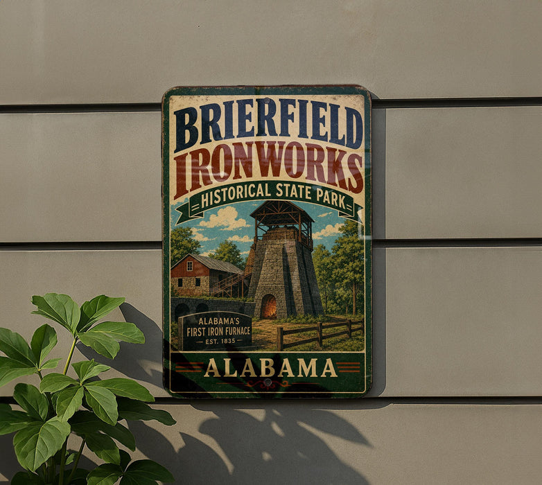 A vintage-style metal sign for Brierfield Ironworks Historical State Park in Alabama, featuring a large illustration of a steam tower and a wooden building.