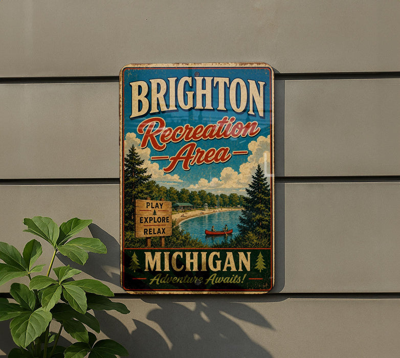 A vintage metal sign for Brighton Recreation Area in Michigan, featuring a scenic landscape with a lake, pine trees, and a sign inviting visitors to "Play, Explore, Relax".