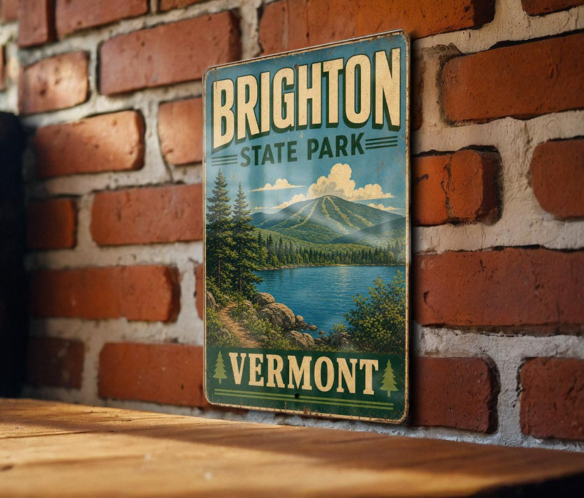 A vintage-style metal sign for Brighton State Park in Vermont, featuring a scenic landscape with mountains, trees, and a lake.
