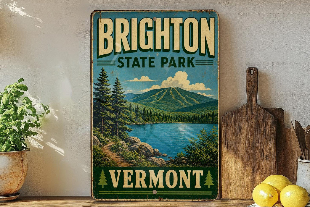 A vintage-style sign for Brighton State Park in Vermont, featuring a scenic landscape with mountains, trees, and a lake.