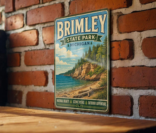 A vintage-style metal sign for Brimley State Park in Michigan, featuring a scenic landscape with a rocky cliff, trees, and a body of water.