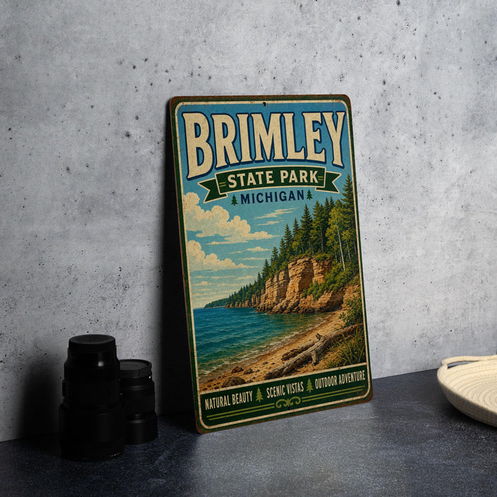 A vintage-style metal sign for Brimley State Park in Michigan, featuring a scenic landscape with a beach, cliffs, and pine trees.