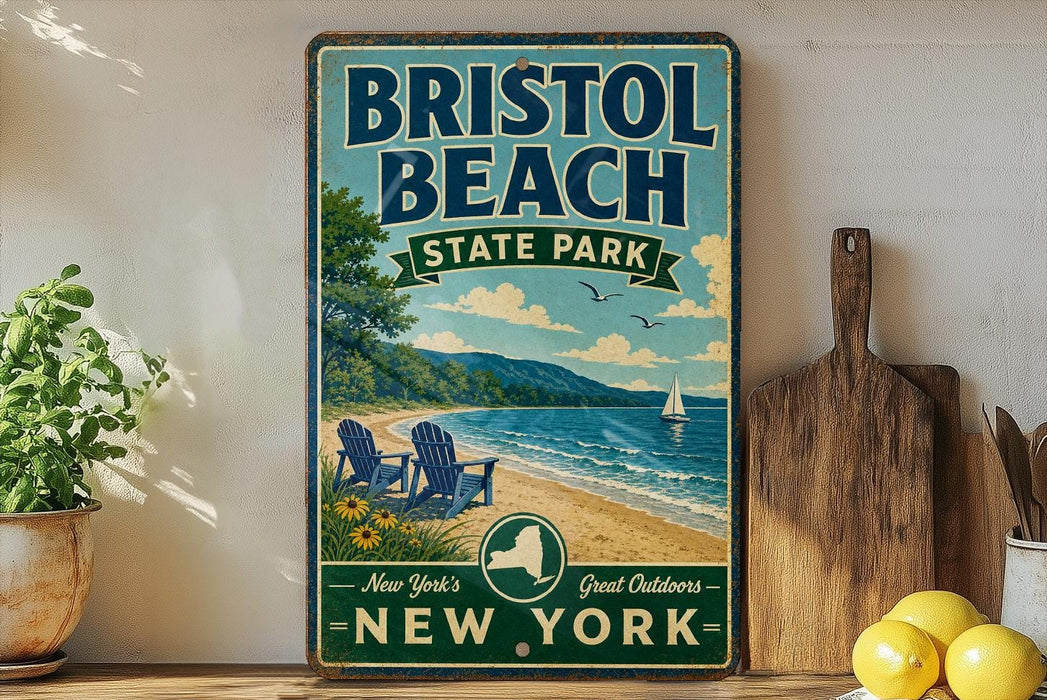 A vintage-style sign for Bristol Beach State Park in New York, featuring a beach scene with a sailboat and a wooden paddle.