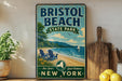 A vintage-style sign for Bristol Beach State Park in New York, featuring a beach scene with a sailboat and a wooden paddle.