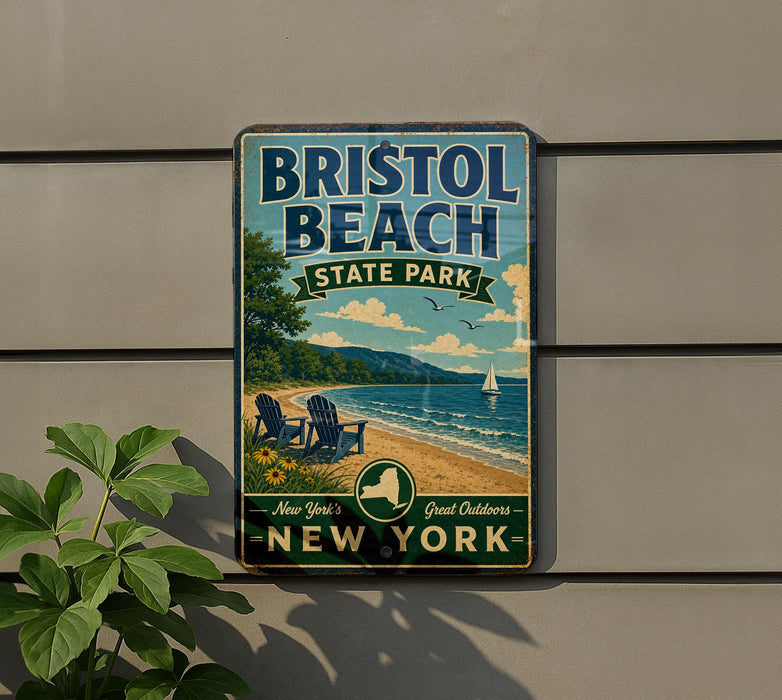 A vintage-style metal sign for Bristol Beach State Park, featuring a beach scene with a sailboat and a sign that says "New York's Great Outdoors".