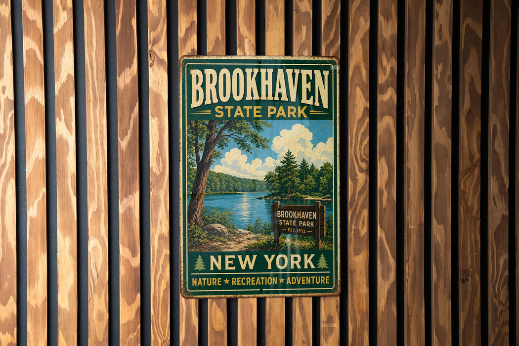 A vintage metal sign for Brookhaven State Park, featuring a scenic image of the park and its surroundings.
