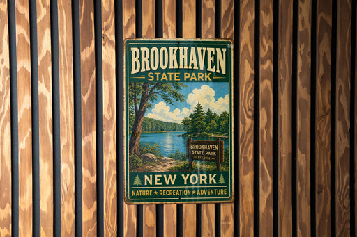 A vintage metal sign for Brookhaven State Park, featuring a scenic image of the park and its surroundings.