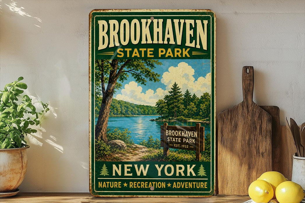 A vintage-style metal sign for Brookhaven State Park in New York, featuring a scenic landscape with a lake and trees.
