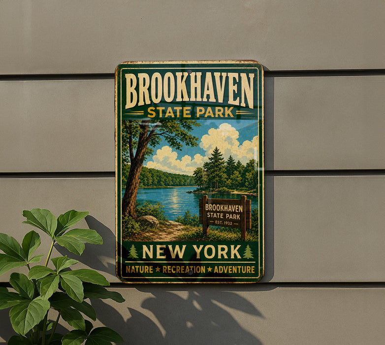A vintage-style metal sign for Brookhaven State Park, featuring a scenic landscape with a lake, trees, and a sign indicating the park's name.