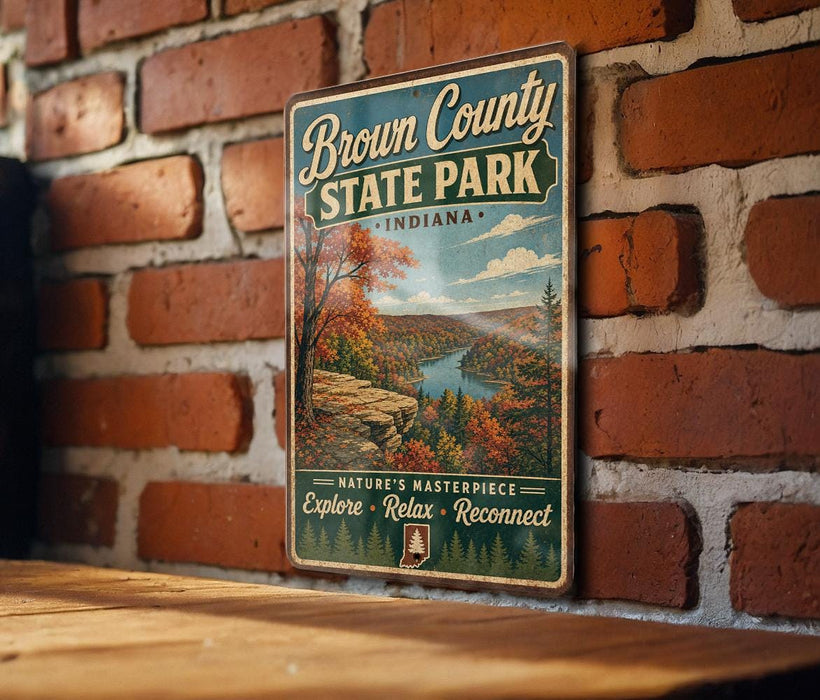A vintage-style metal sign for Brown County State Park in Indiana, featuring a scenic landscape with a river and autumn foliage.