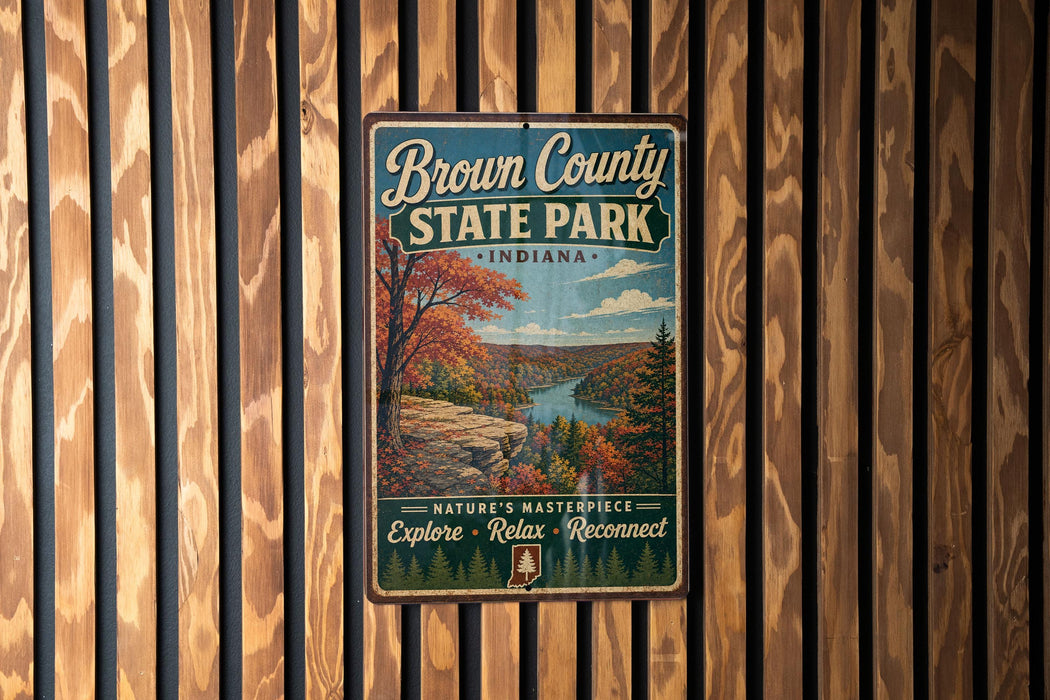 A vintage metal sign for Brown County State Park in Indiana, featuring a scenic landscape with a river and autumn foliage.