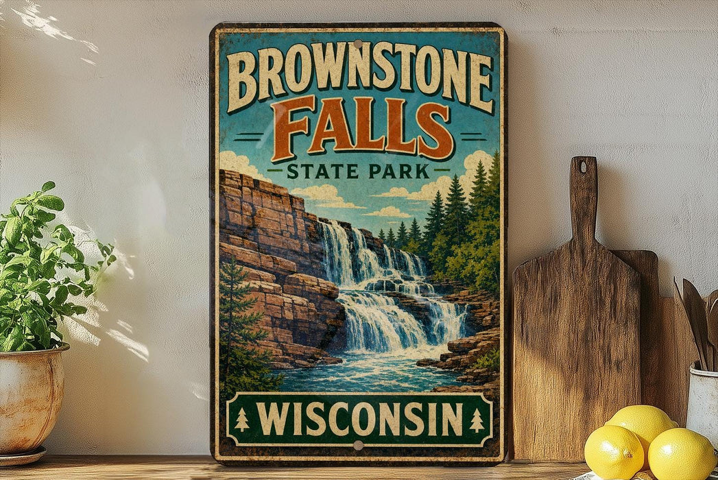 A vintage-style sign for Brownstone Falls State Park in Wisconsin, featuring a scenic image of a waterfall surrounded by trees and mountains.