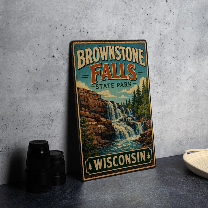 A vintage-style sign for Brownstone Falls State Park in Wisconsin, featuring a scenic illustration of the waterfall surrounded by trees and rocks.