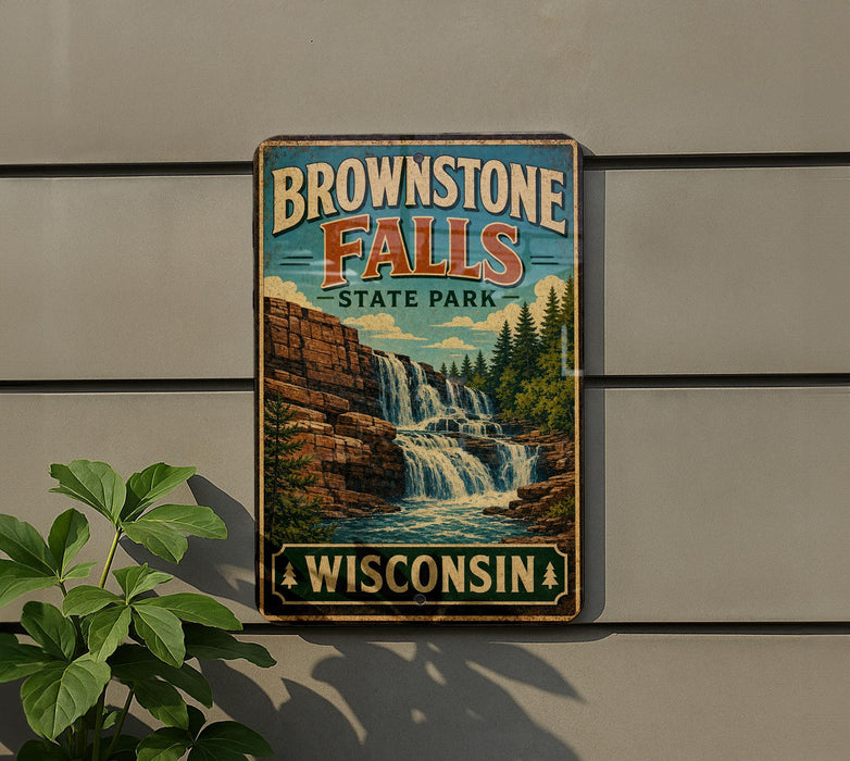 A vintage-style metal sign for Brownstone Falls State Park in Wisconsin, featuring a scenic illustration of the waterfall surrounded by trees and a rocky cliff.