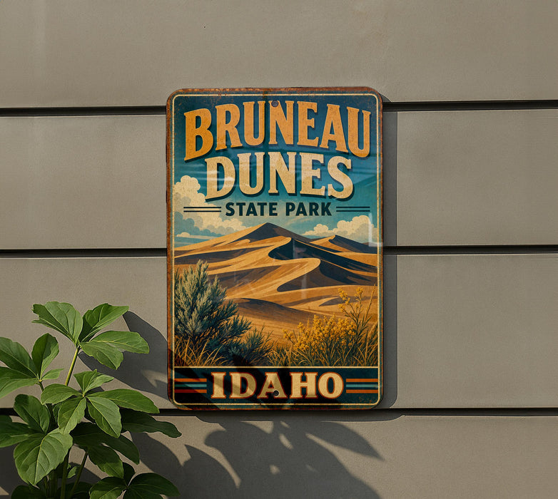 A vintage-style metal sign for Brunette Dunes State Park in Idaho, featuring a desert landscape with mountains and vegetation.