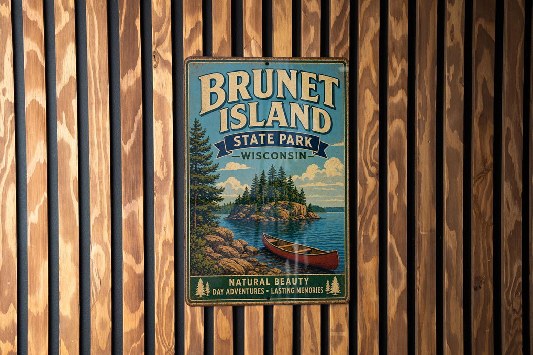 A vintage metal sign for Brunet Island State Park in Wisconsin, featuring a scenic illustration of a lake, pine trees, and a canoe.
