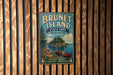 A vintage metal sign for Brunet Island State Park in Wisconsin, featuring a scenic illustration of a lake, pine trees, and a canoe.
