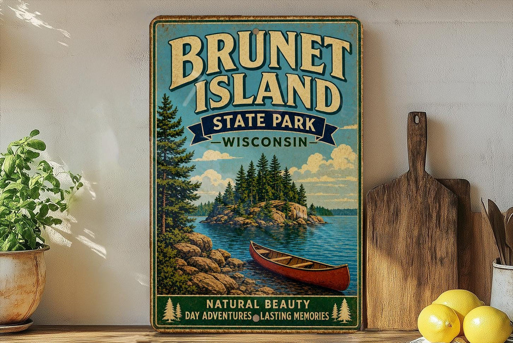 A vintage-style poster of Brunet Island, Wisconsin, featuring a canoe on a lake surrounded by pine trees, is displayed on a wall next to a wooden cutting board and some lemons.