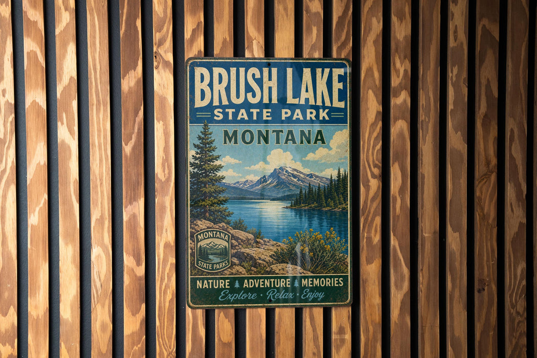 A vintage metal sign for Brush Lake State Park in Montana, featuring a scenic landscape with a lake, mountains, and pine trees.