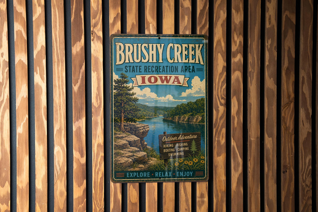 A vintage metal sign for Brushy Creek State Recreation Area in Iowa, featuring a scenic landscape with a river, mountains, and a pine tree.