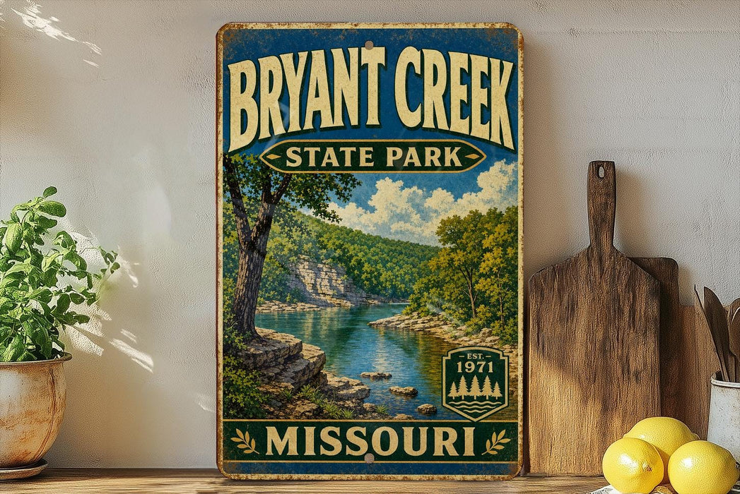 A vintage-style sign for Bryant Creek State Park in Missouri, featuring a scenic landscape with a river and trees.