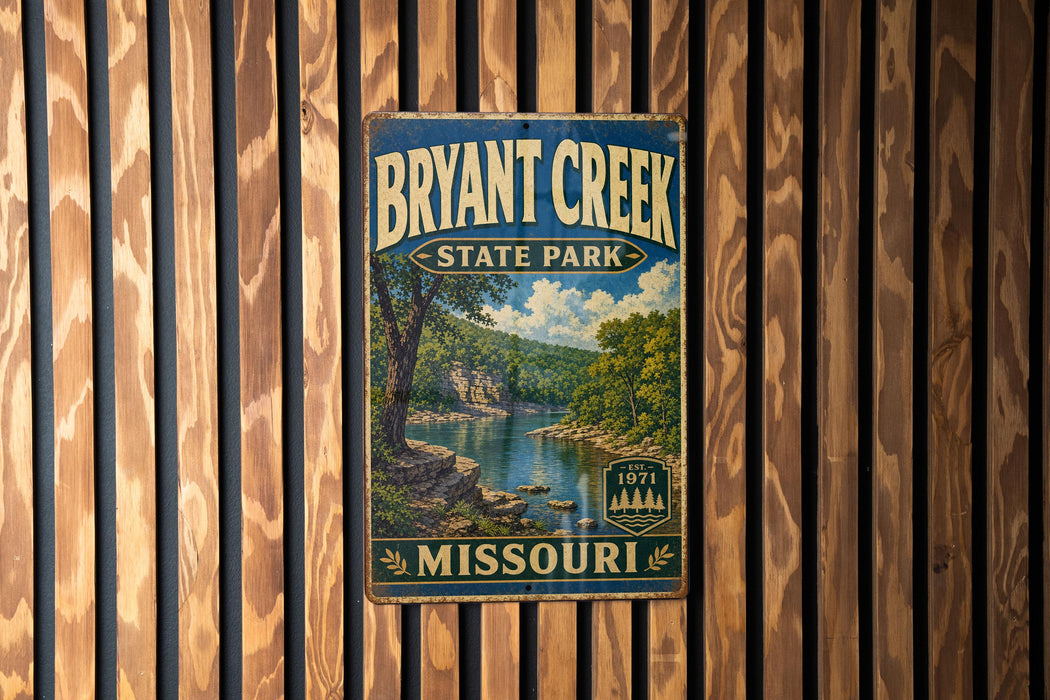 A vintage metal sign for Bryant Creek State Park in Missouri, featuring a scenic landscape with a river and forest.