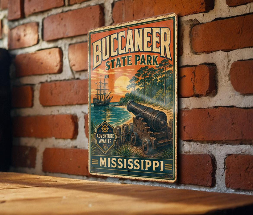 A vintage-style metal sign for Buccanee State Park, featuring a cannon and a sunset landscape, is displayed on a brick wall.