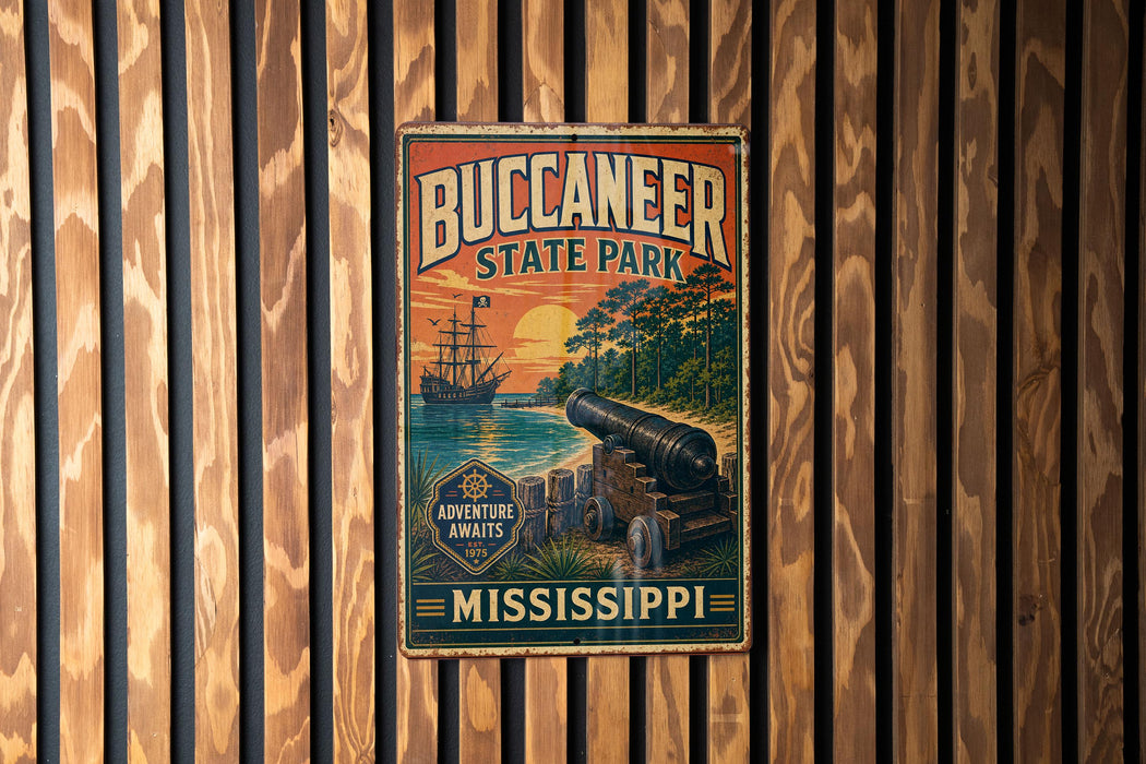 A vintage-style metal sign for Buccanee State Park in Mississippi, featuring a cannon and a sunset landscape.