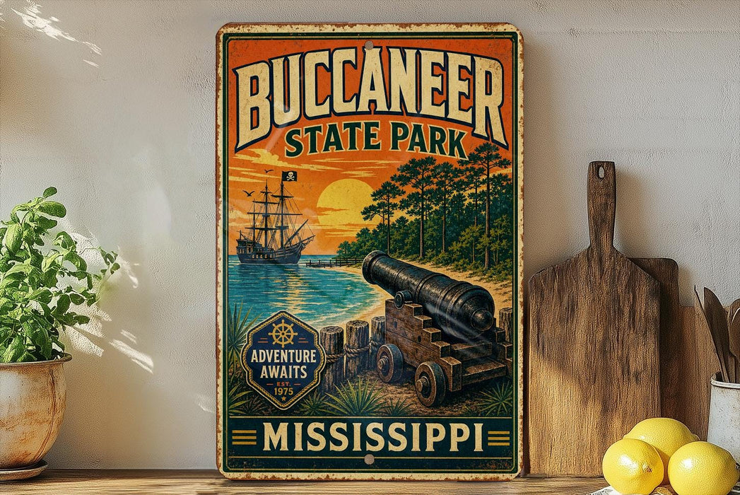 A vintage-style sign for Buccanee State Park, featuring a ship, palm trees, and a cannon, is displayed on a shelf next to a wooden cutting board and some lemons.